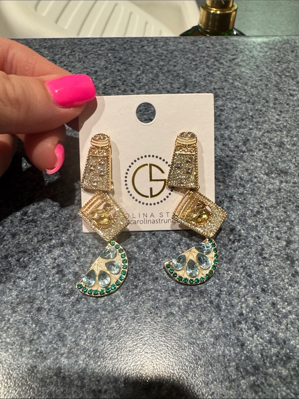 Gold-Tone Earrings with Green and Clear Crystals